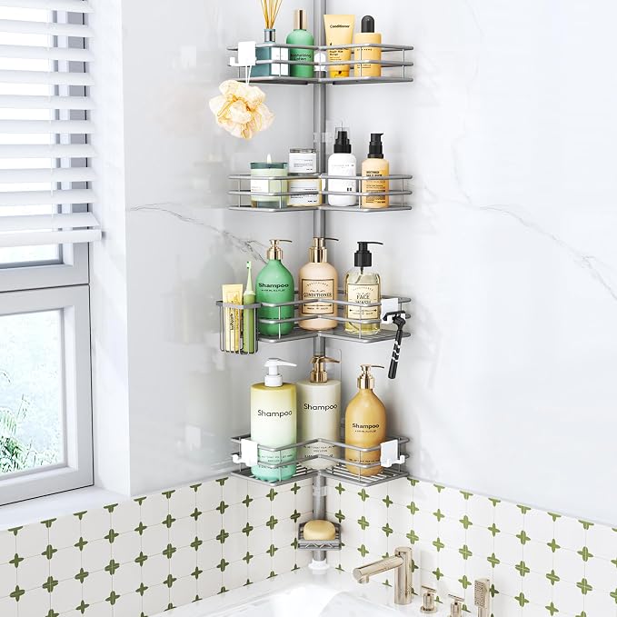 HapiRm Corner Shower Caddy Organizer - Shower Organizer Corner with Soap Holder, Toothbrush Holder and 4 Hooks, Rustproof Bathroom Shelf Tension Pole Available for 27.6 to 108.3 Inch - Silver