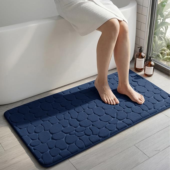 YIHOUSE Memory Foam Runner Rug, Cobblestone Bathroom Runner Rugs Super Water Absorbent Bath Mats for Bathroom Machine Washable Bath Rugs for Hallway Bedroom Laundry Room(20 x 47,Dark Blue)