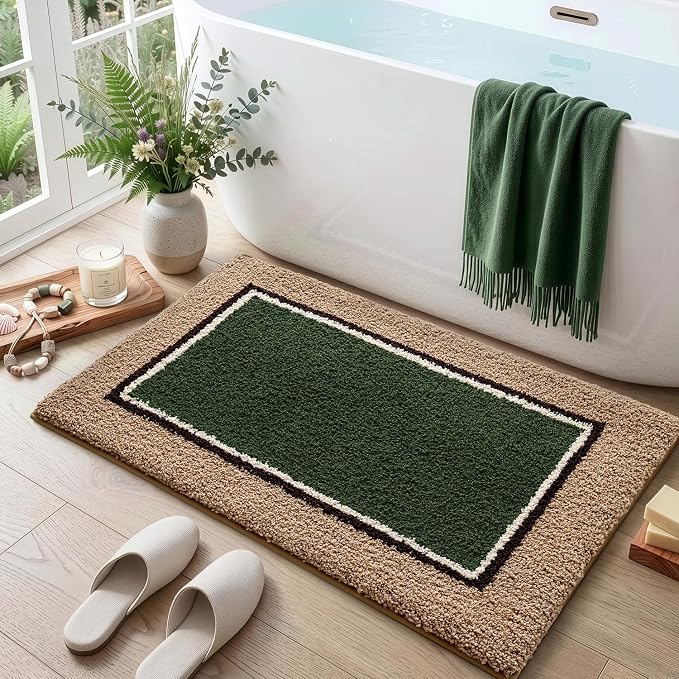 DEXI Bathroom Rugs 24x16, Absorbent Extra Soft Plush Microfiber Bath Mat for Bathroom, Non Slip Washable Bathmat Quick Dry for Shower Floor, Sink, Tub, Laundry Room, Beige and Green