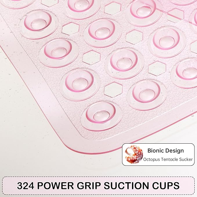 Non-Slip Bathtub and Shower Mats, Power Grip Bath Mat 35 x 16.3 Inch with Suction Cups and Drain Holes for Tub Bathroom Floor Safety, Machine Washable Soft Bathmat, Clear Pink