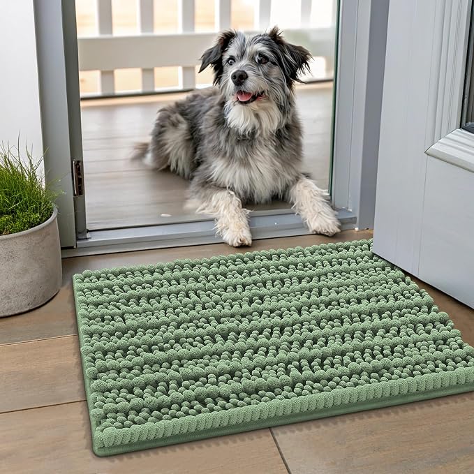 Smiry Dog Door Mat for Muddy Paws 24x16, Absorbent Dirt Trapper, Non-Slip Washable Chenille Entryway Rug for Inside Floor, Olive Green, Layered Pattern