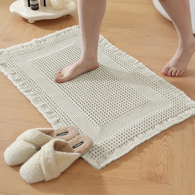 Waffle Bath Mat - Non Slip Bathroom Rugs - Washable Super Absorbent & Quick Dry Bath Mats with Tassels for Hallway Bedroom Laundry Room,24" x 72",Beige White