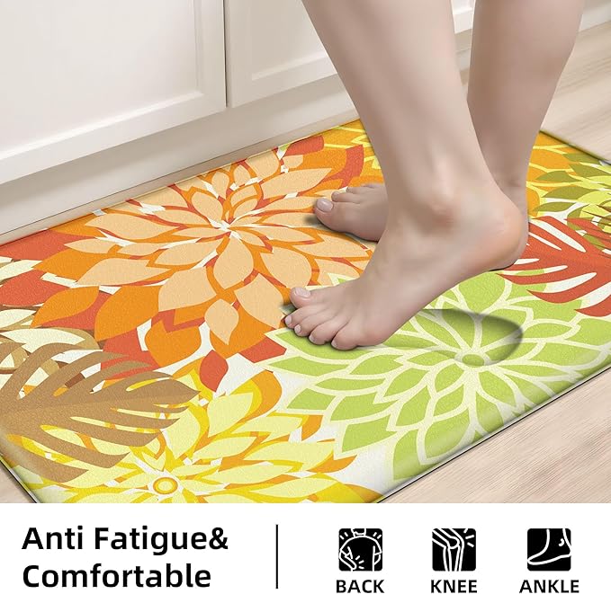 Arenarug Kitchen Mats for Floor 2PCS Cushioned Anti Fatigue Kitchen Mats Waterproof Non Slip Kitchen Rug Set Foam Standing Mat for Sink, Laundry, Office,17.3" x 28" + 17.3" x 47", Maple Orange