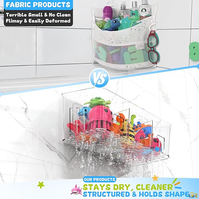 Lysam Bath Toy Storage 4 Packs, Large Bath Toy Holder with 3 Compartment, Quick Dry Bathtub Toy Organizer, Bath Tub Toy Net, Shower Toy Basket & Bin, Bathroom Accessories for Baby,Toddler,Kids（Clear）