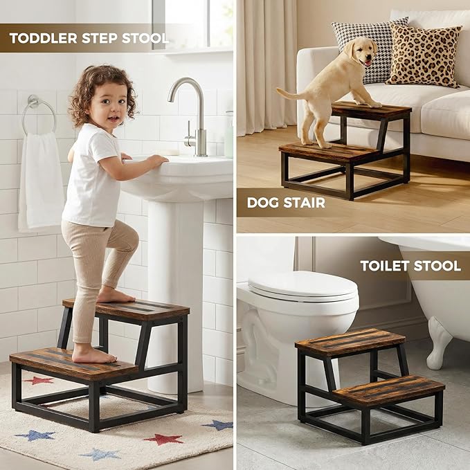 Step Stool, NomNest 2 Step Wooden Ladder Metal Foot Stool Wide Kitchen Stool Helper for Toddler Adults Seniors, Ladder Chair for Home Bedside Bathroom Sink Potty