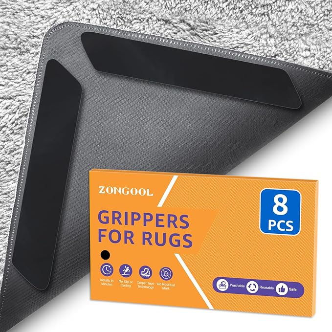 ZONGOOL 8 PCS Rug Tape Non Slip – Reusable Washable Rug Grippers for Hardwood Floors, Double Sided Rug Pads to Prevent Sliding & Curling, No Floor Damage, Rental Friendly, Black
