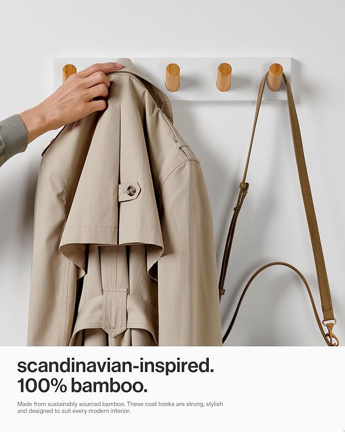 LARHN Wall Mounted Coat Rack, White with 5 Heavy-Duty 1" Diameter Hooks (2-Pack), 16.5" - Wall Hook Rack - Modern Scandinavian Home Decor