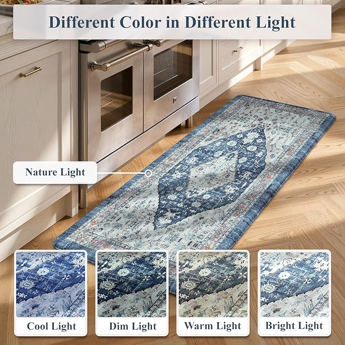 Collive Boho Kitchen Floor Mats, Cushioned Anti Fatigue Kitchen Runner Rugs, Comfort Non Slip Standing Mats for Floor, Laundry, Office, Sink, 17.3''x59'' Dark Blue