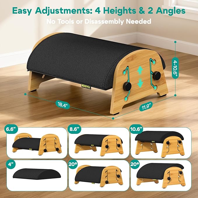 YEASHEIN Ergonomic Foot Rest Under Desk at Work, Bamboo Wood Adjustable Foot Stool Under Desk with 6 Positions, Office Footrests with Memory Foam, Leg Rest Used for Car, Home, PC Gaming Accessories