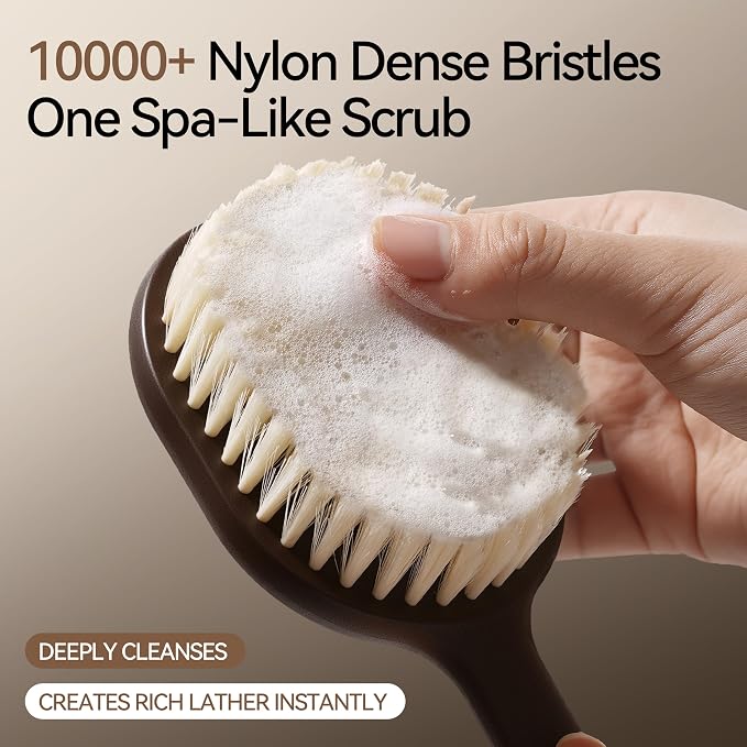 Back Scrubber for Shower for Men Women, Body Brush with Long Handle, Exfoliating Bath Washer with Soft Bristles for Wet or Dry Brushing, Back Scrub Deep Cleaning, Coffee Ground Infused