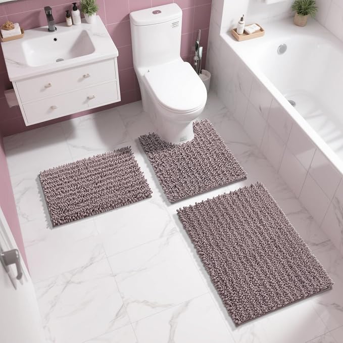 Yimobra Bathroom Rugs Non Slip Washable 32x20 Inch - Ultra Soft Absorbent Chenille Bath Mat, Quick Dry Shaggy Floor Carpet for Tub Shower, Mauve Home Decor Accessories
