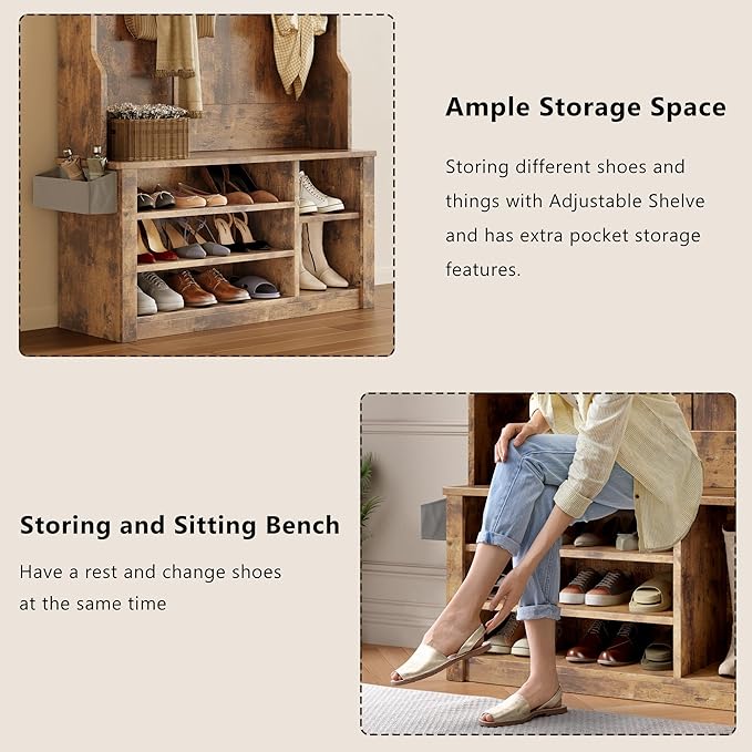 Aiho Entryway Hall Tree with Bench and Storage, 5-in-1 Hall Tree with Coat Rack, Adjustable Shoe Bench, 2-Tier top Storage, for Hallway, Entryway, Bedroom, Rustic Brown