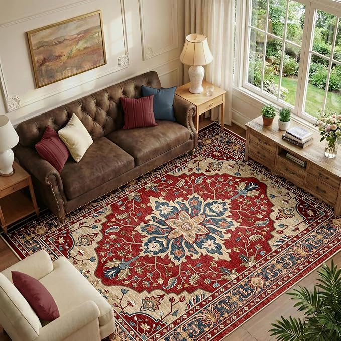 RELEANY Area Rugs 6'x9' Washable Non-Slip, Floral Vintage Distress Medallion Carpet for Living Room Bedroom Dining Room, Red Blue