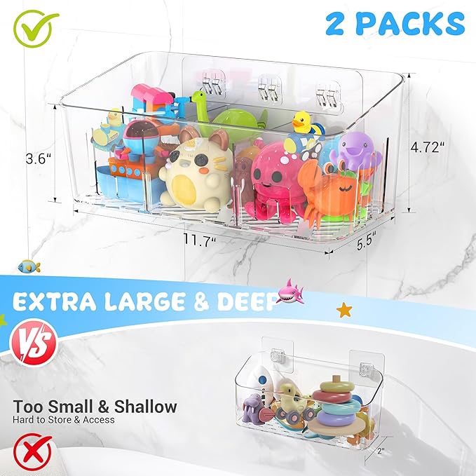 Lysam Bath Toy Storage 4 Packs, Large Bath Toy Holder with 3 Compartment, Quick Dry Bathtub Toy Organizer, Bath Tub Toy Net, Shower Toy Basket & Bin, Bathroom Accessories for Baby,Toddler,Kids（Clear）