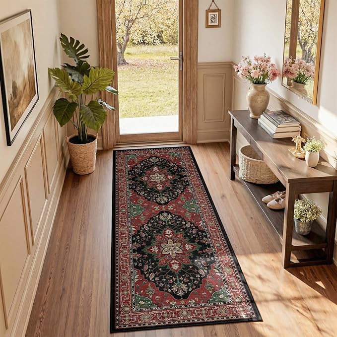 RELEANY Area Rugs Runner 2'x5' Washable Non-Slip, Floral Vintage Distress Medallion Carpet for Kitchen Hallway Bedroom Beside Laundry Room Bathroom, Red Black