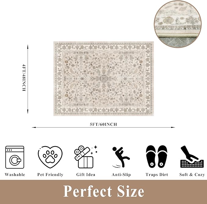 4x5 Washable Kitchen Entryway Rug – Non-Slip Soft Low Pile Indoor Carpet for Bathroom Living Room Bedroom – Boho Floral Small Throw Area Rug (Beige,4x5)
