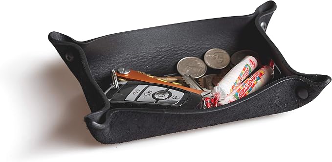 Main Street Forge Leather Valet Tray for Men – Rustic EDC Organizer for Keys, Phone & Wallet – Made in USA – Midnight Black