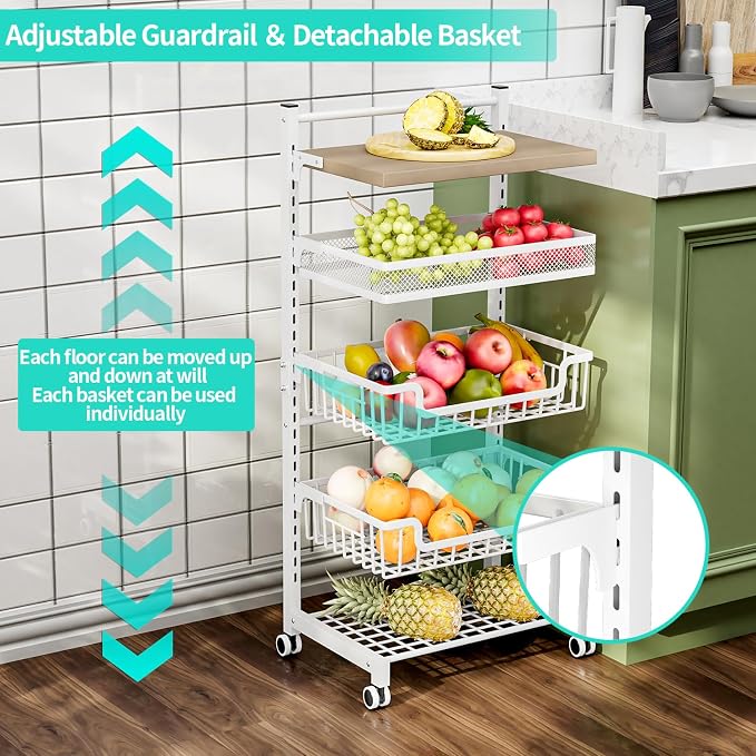 HapiRm Fruit Basket Kitchen Cart - 5 Tier Adjustable Vegetable Storage Rack, Large Capacity Rolling Kitchen Carts on Wheels for Snack Onion and Potato Storage