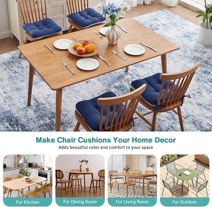 BETU Chair Cushions for Dining Chairs Set of 4,3.5" Thick Outdoor Indoor Chair Pads with Ties,Non Slip Backing and Covers, Seat Cushion for Kitchen Dining,Bar,Patio Furniture15.5"X15.5"X3.5",Navy Blue