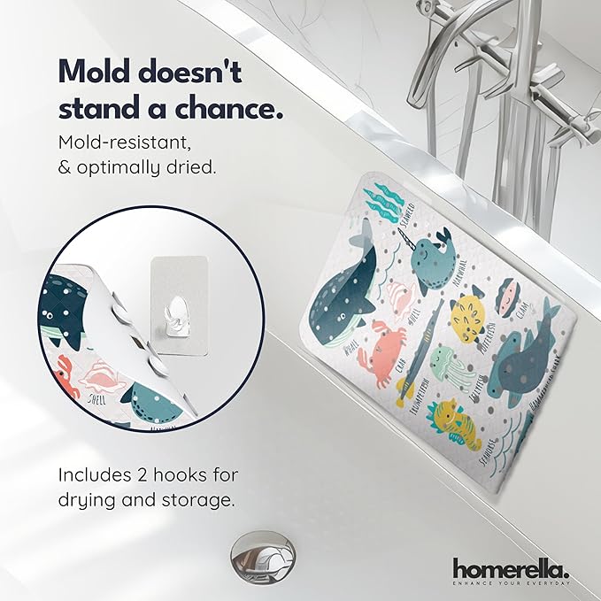 Bath Tub Mat Non Slip Anti Mold for Kids BPA Free INCL Hooks - homerella® Ocean Sea Animals 40x16, Baby Bath Mat Non Slip 200 Suction Cups, Non Toxic Machine Washable Toddler Bath Mat, EU Certified
