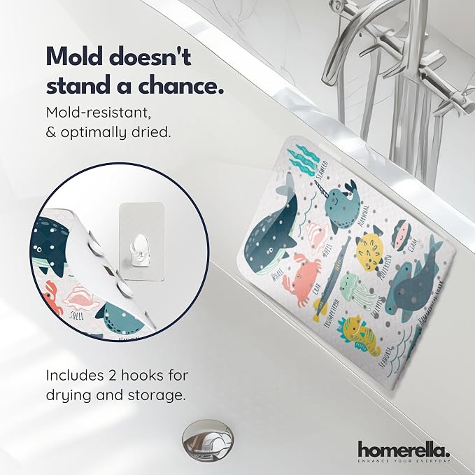 Bath Tub Mat Non Slip Anti Mold for Kids BPA Free INCL Hooks - homerella® Ocean Sea Animals 28x16, Baby Bath Mat Non Slip 200 Suction Cups, Non Toxic Machine Washable Toddler Bath Mat, EU Certified