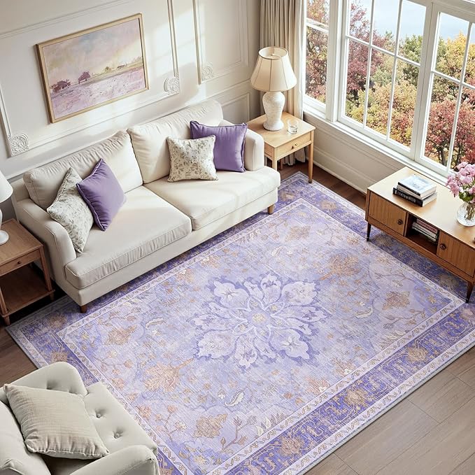RELEANY Area Rugs 6'x8' Washable Non-Slip, Floral Vintage Distress Medallion Carpet for Living Room Bedroom Dining Room, Light Purple Brown