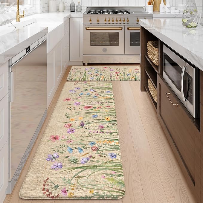 KIMODE Anti Fatigue Kitchen Mats, Farmhouse Kitchen Rugs Sets of 2, Non Slip Waterproof Kitchen Floor Mats, Ergonomic Cushioned Standing Mats for Sink, Laundry, Desk Brown 20"x47"+20"x32"