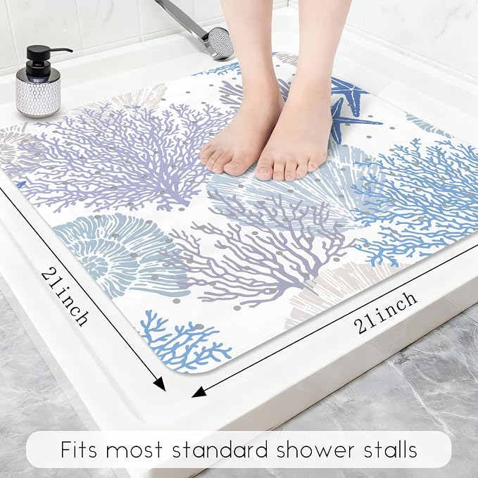 Bathtub Mat Non Slip, Square Bath tub Mat Shower Floor Mat with Suction Cups for Adults Kids Elderly 21 X 21 Inch