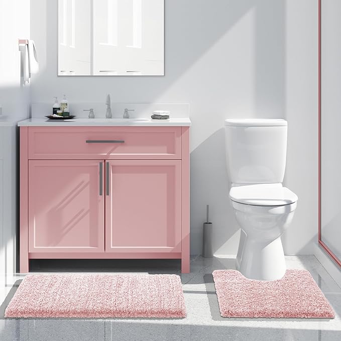 Yimobra Bathroom Rugs Non Slip Washable 36X24, Ultra Soft and Water Absorbent Bath Mats, Plush Fluffy Shower Mat Outside, Luxury Microfiber Thick Matts for Bathroom Floor/Tub, Light Pink and White