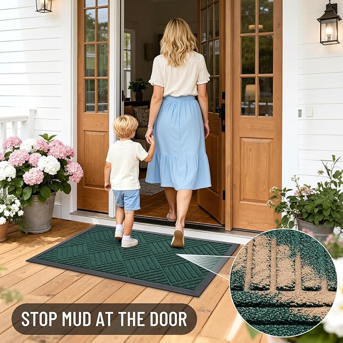 OLANLY Front Door Mat Outside Entrance 47x23, Absorbent, Heavy Duty Sturdy Natural Rubber Doormat Indoor Outdoor, Stain Fade Resistant, Non-Slip Low Profile Floor Mat for Entryway, Black Green Diamond