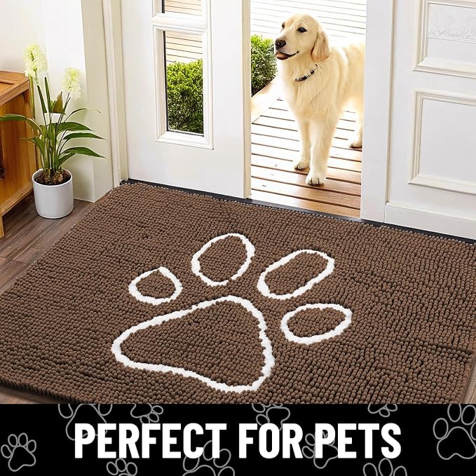 Smiry Dog Door Mat for Muddy Paws, Absorbent Dirt Trapper Non Slip Quick Dry Washable Chenille Mat for Mud Dogs, Entry Rug for Indoor and Outdoor (36x24 Inches, Coffee and White)
