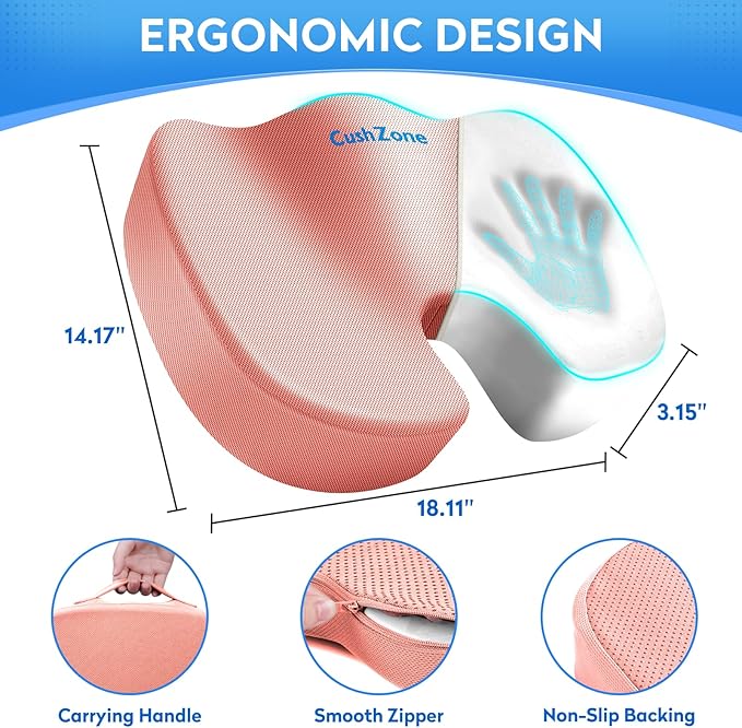 CushZone Seat Cushion, Office Chair Cushions, Car Seat Cushion, Non-Slip Sciatica & Back Coccyx Tailbone Pain Relief Chair Pad, Memory Foam (Pink)