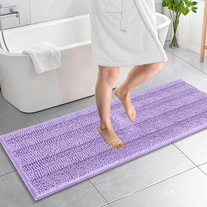 OLANLY Thick Bathroom Runner Rugs 59x20, Absorbent Chenille Striped Bath Rugs, Rubber Backing, Machine Wash, Extra Long Bath Mats for Bathroom Floor, Tub and Shower, Home Decor Accessories, Lavender