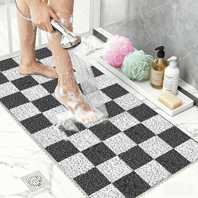 BLESWIN Non Slip Loofah Shower Mats 24"x16", Quick Drying Bath Mat for Bathroom Floor, PVC Bath Mat for Inside Shower, Soft Textured & Elderly Safe, Black Checkered