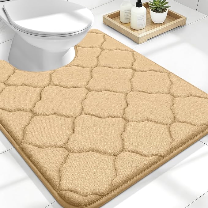 OLANLY Memory Foam Toilet Rugs U-Shaped 24x20, Ultra Soft and Absorbent Bathroom Rugs, Non-Slip, Comfortable, Machine Washable Contour Bath Mat for Toilet Base, Home Decor Accessories, Beige