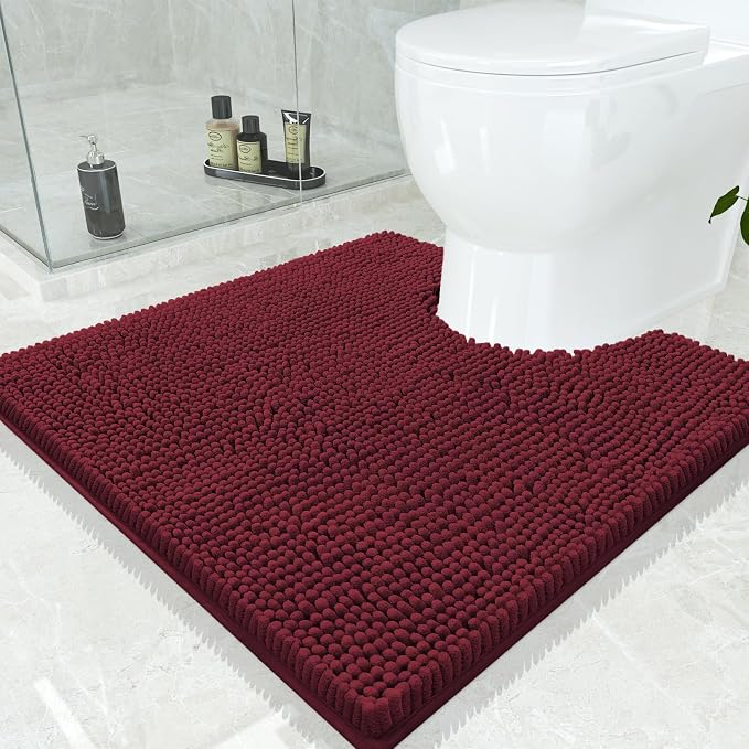 Smiry Luxury Chenille Toilet Rugs U-Shaped 24x24, Soft Absorbent Non-Slip Contour Bathroom Rugs for Toilet, Machine Washable Contoured Bath Mats, Burgundy