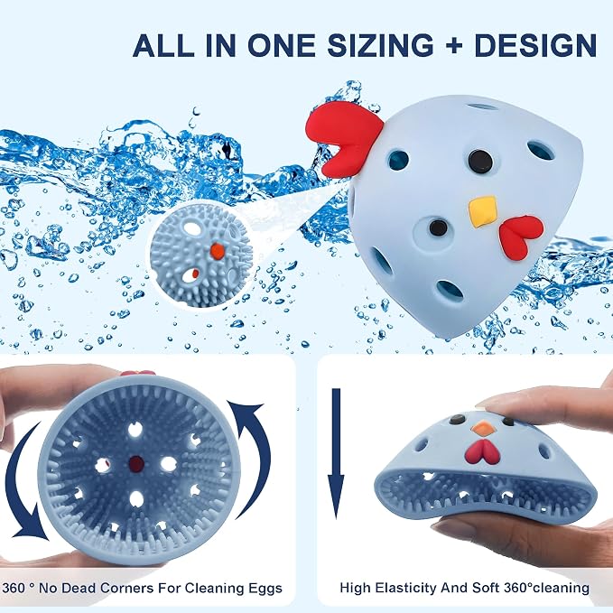 Egg Washer for Fresh Eggs, Egg Scrubber for Fresh Eggs, Reusable Silicone Chicken Shaped Scrubs, Chicken Egg Cleaner, Eggshell Cleaner for Poultry Farm, Housewife Kitchen Helper Tool (Blue Chick Cap)