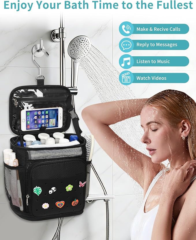 Shower Caddy Portable, Hanging Shower Caddy with DIY Decoration Charms for College Dorm Room Essentials, Quick Dry Shower Bag Mesh Toiletry Bag for Bathroom, Gym, Camping, Swiming, Beach, Traveling