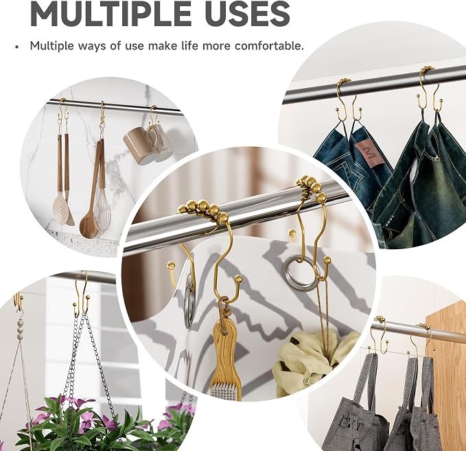 Bathway Shower Curtain Hooks, Shower Curtain Rings Rust Proof Double Hook Shower Curtain Hooks, 12 Pcs Dark Gold Shower Hooks for Shower Curtain, Shower Rings for Curtain, Metal Shower Rod Hooks