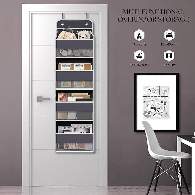 Giraffe Creation Compact Gray Over Door Organizer with 4 Large Clear Pockets, Compact Hanging Door Storage for Closet, Bathroom, Bedroom, Dorm, Nursery Essentials