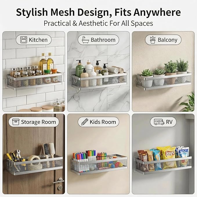 PUSDON 16.5-Inch Extra Long Slim Mesh Shower Caddy, Wall Mounted Bathroom Organizer with Adhesive, Heavy Duty Rustproof Shelf for Narrow Kitchen Pantry & RV, Holds 50 LBS Silver Gray -2 Packs Netting