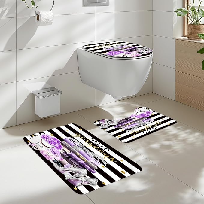 4Pcs Black and Purple Shower Curtain Set,High Heels Perfume Striped Bathroom Curtain with Rug, Toilet Lid Cover, Bath Mat, Modern Floral Flower Magazine Books Shower Curtain with 12 Hooks