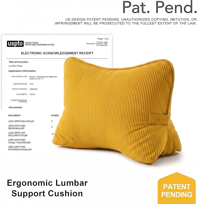 Pat. Pend. Corduroy Reading Back Pillow with Lumbar Support, Triangle Backrest Cushion for Bed Sitting & Relaxing, Support Pillow for Sofa or Headboard, Bright Yellow