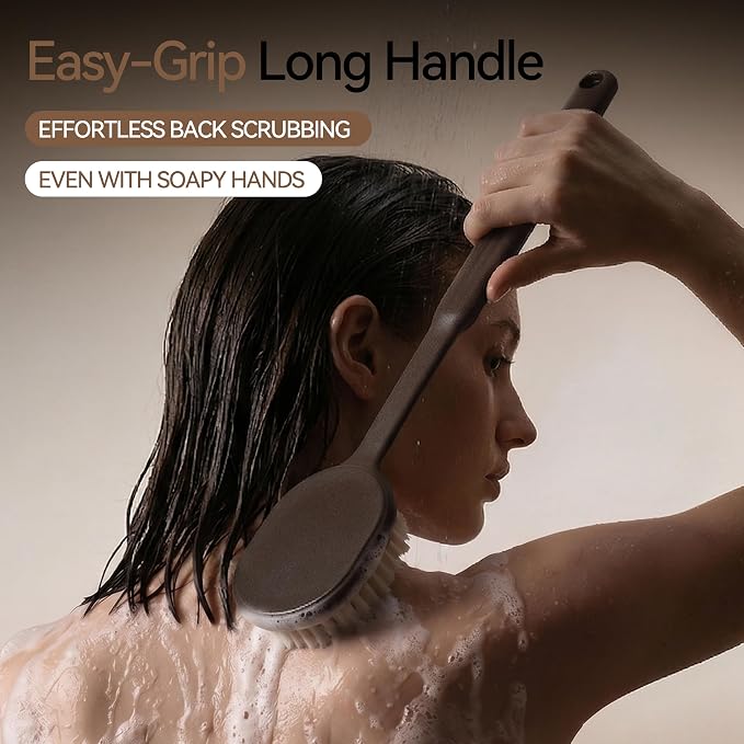 Back Scrubber for Shower for Men Women, Body Brush with Long Handle, Exfoliating Bath Washer with Soft Bristles for Wet or Dry Brushing, Back Scrub Deep Cleaning, Coffee Ground Infused