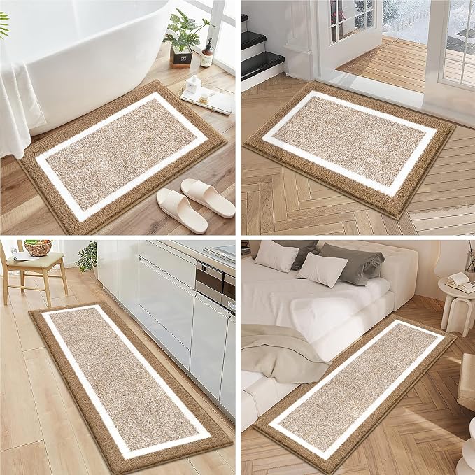 Pauwer Bathroom Rugs Sets 3 Piece Bathroom Shower Rugs with U-Shaped Contour Toilet Mat Absorbent Microfiber Plush Bath Mats Non Slip Bath Rug Machine Washable Shaggy Floor Mat, Khaki