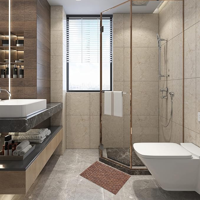 Bath Mat Bathroom Rugs Floor Wood Shower Bathtub Waterproof Non Slip Accessories 16x24 Inch Easy to Clean, Walnut, 1 pc