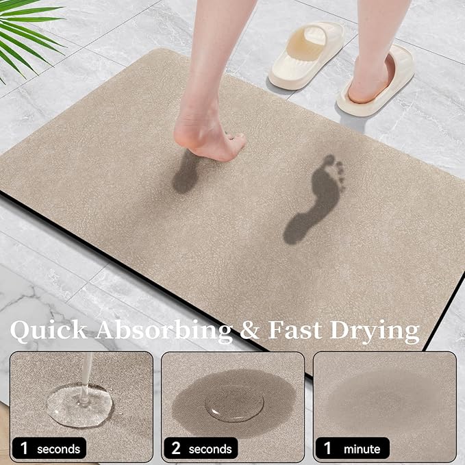 Bath Mat 24x17 - Diatomaceous Earth Bath Mat Quick Dry Absorbing Bathroom Rugs Rubber Non Slip Thin Bathroom Mat Fit Under Door, Taupe