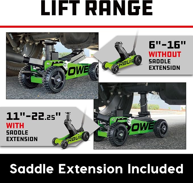 Powerbuilt 2.5 Ton Big Wheel Off Road Jack, Vehicle Lift for Trucks, SUVs, ATVs Offroad Vehicles, Oversized Wheels for Rugged Terrain, 5000 LB Capacity, Green 620624ECE