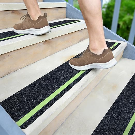 LifeGrip Anti Slip Traction Treads 10-Pack, 4" X 32" with Glow in Dark Stripe, Best Grip Tape Grit Non Slip, Outdoor Non Skid Tape, High Traction Friction Abrasive Adhesive for Stairs Step