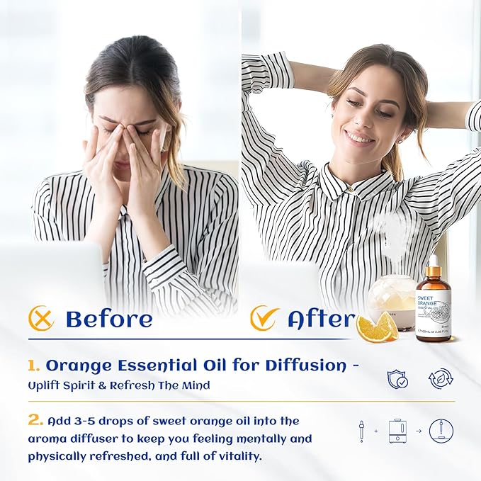 HIQILI 100ML Orange Essential Oil for Air Freshener, DIY Soap, Skin Care, Can be Added to Diffusers, Dryer Balls, Lotions for Use - 3.38 Fl Oz | Aromatherapy for Diffusers & Air Freshening, Skin Care, DIY for Cleaning Spray, Hand Soap, Candle & Soap